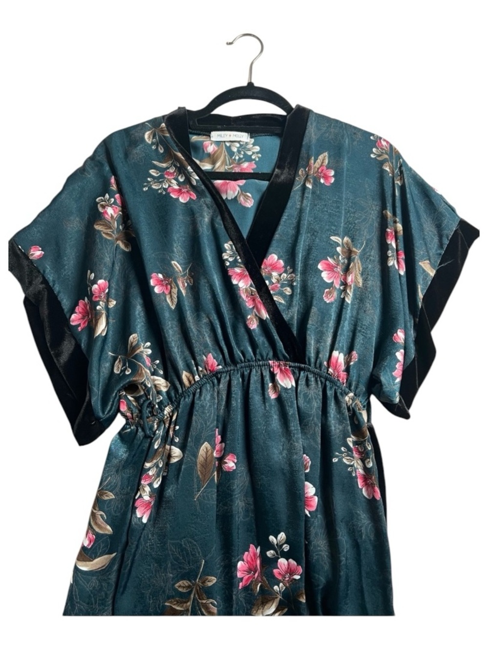 Miley + Molly Teal Floral Kimono Maxi Dress – High Side Slits, Black Velvet Trim